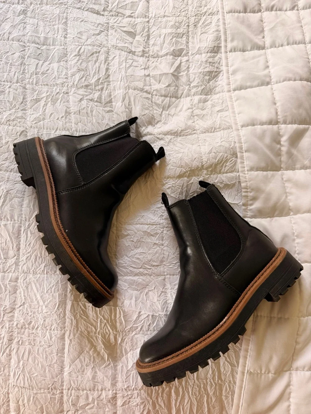 Sam Edelman Black Leather Chelsea Lug Boots with Brown Trim